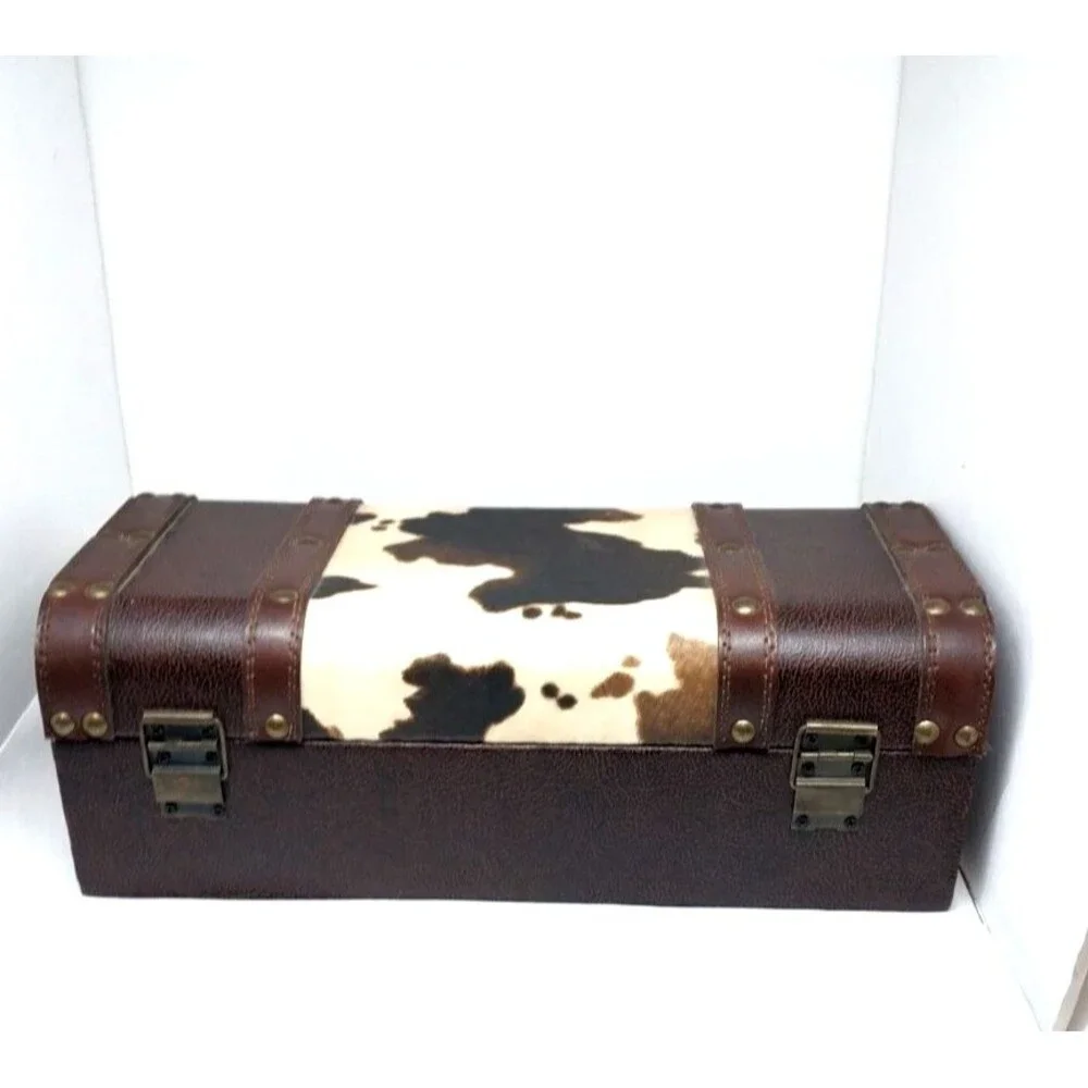 Faux Cowhide Leather Jewelry Box Brown Felt Lining 12